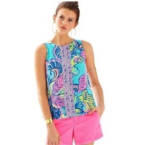 Lilly Pulitzer Iona Shell Sea Blue Pink 100% Silk Button Up Back Tank Top M